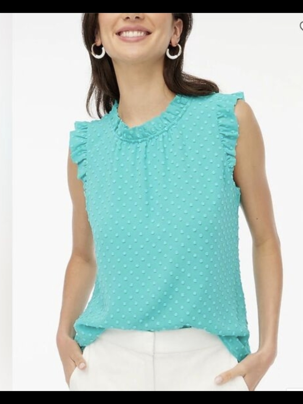 J. Crew Turquoise Ruffle-Trim Dot Texture Sleeveless Top